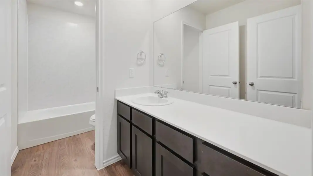 Bathroom with light wood-style flooring and vanity