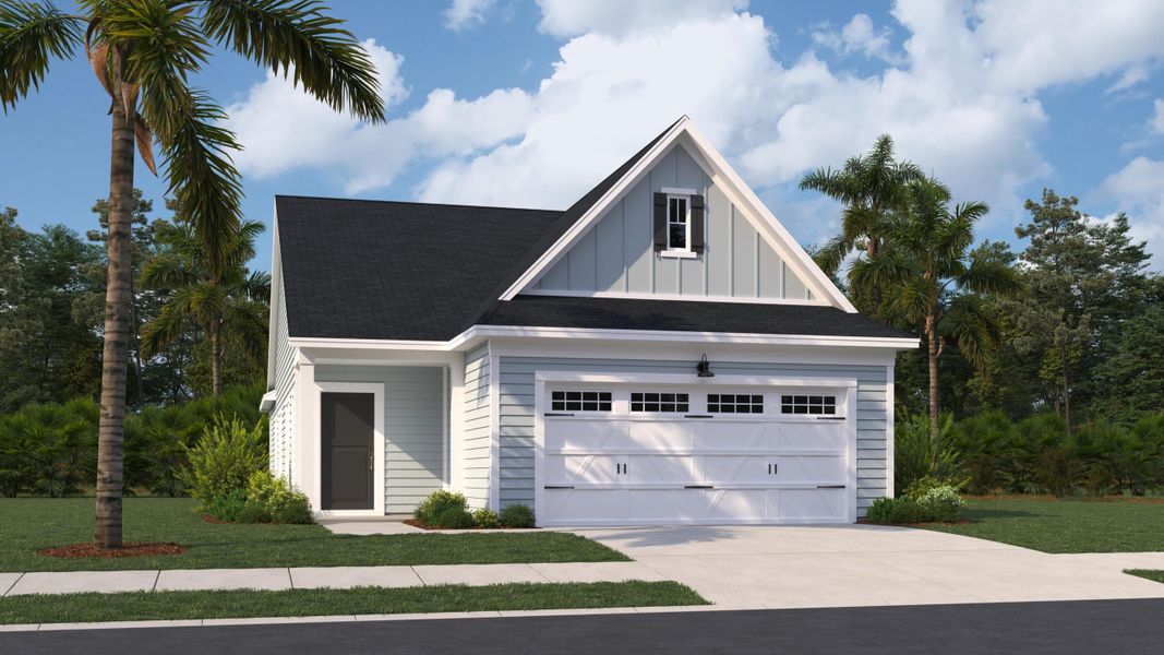 Front exterior of a new home in Horizons at Carnes Crossroads | 55+: Cottage Collection, Summerville, SC, highlighting curb appeal (Image 18).