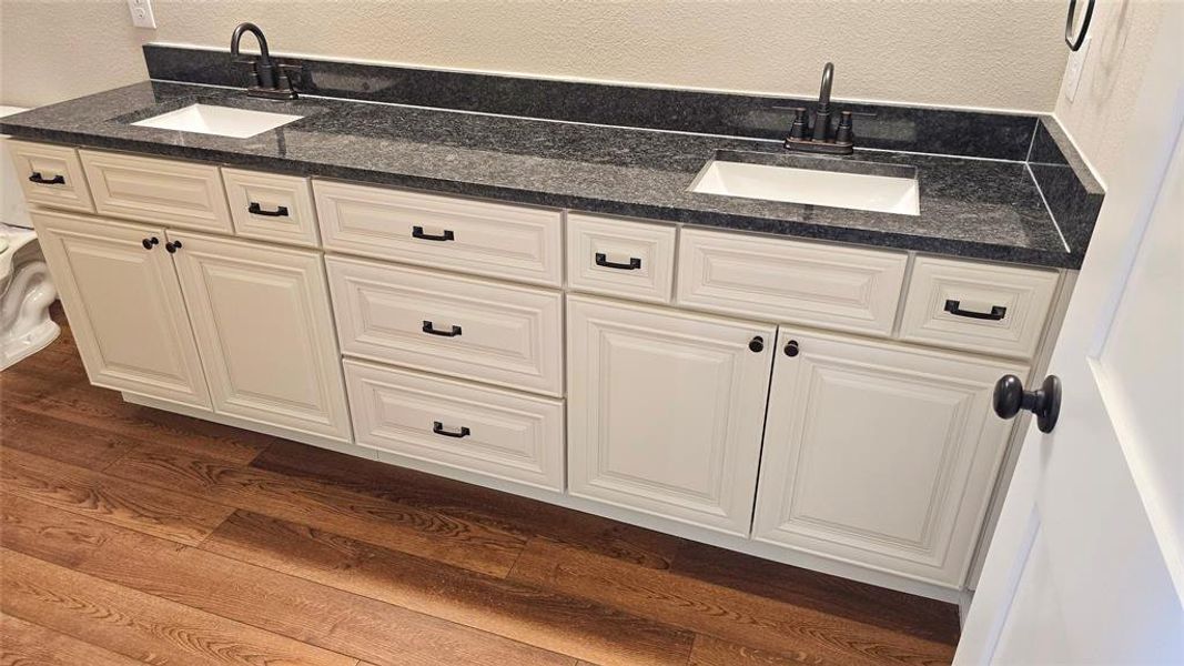 Bathroom with double vanity, wood finished floors, and a textured wall
