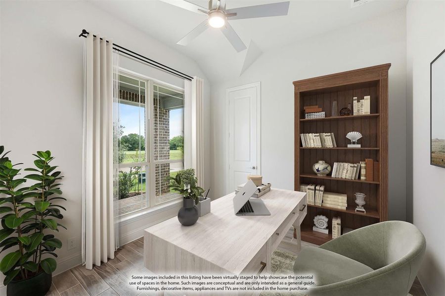 Home office with vaulted ceiling, wood bookshelf, desk, and large window with natural light