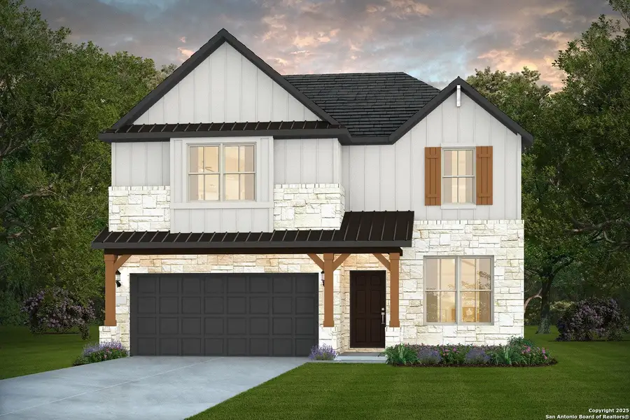 Front exterior of a new home in Horizon Ridge, San Antonio, TX, highlighting curb appeal (Image 1).