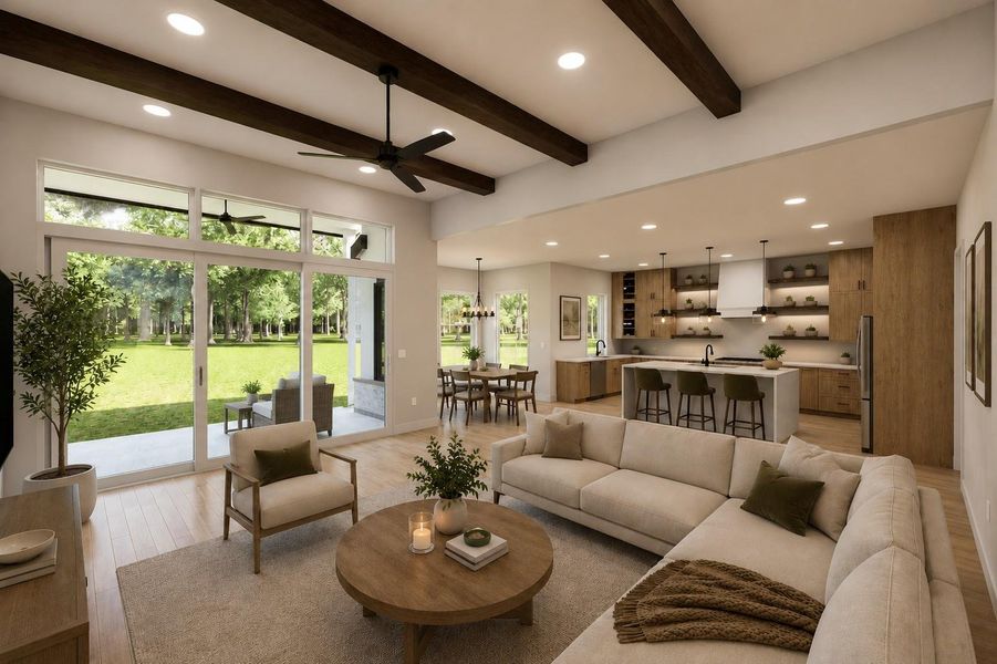 ** Virtually Staged Family room opened to the Kitchen & Dining room. Views of the beautiful acreage in the backyard