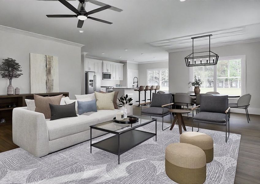 A 3D rendering of a modern living room featuring sleek furniture and contemporary decor elements.