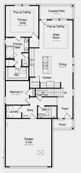 First Floor - Additional highlights include: shower at bath two and 12" pop-up ceiling at great room and primary suite First Floor - Additional highlights include: shower at bath two and 12" pop-up ceiling at great room and primary suite