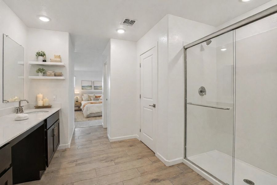Primary bath. Virtually staged. Options and finishes may vary.