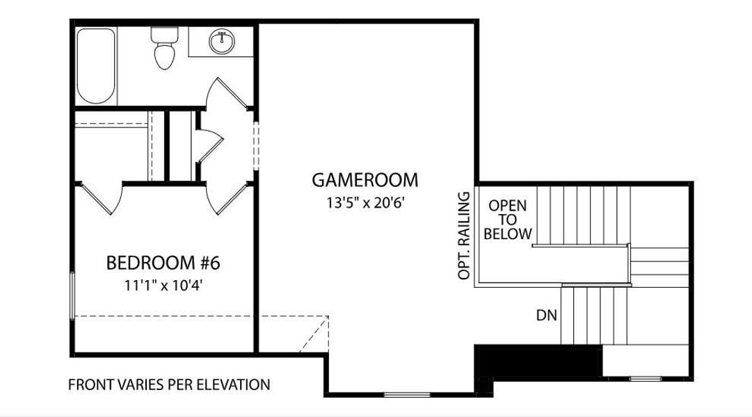 Floor plan highlighting a spacious gameroom, a well-proportioned bedroom, and an open stairwell.