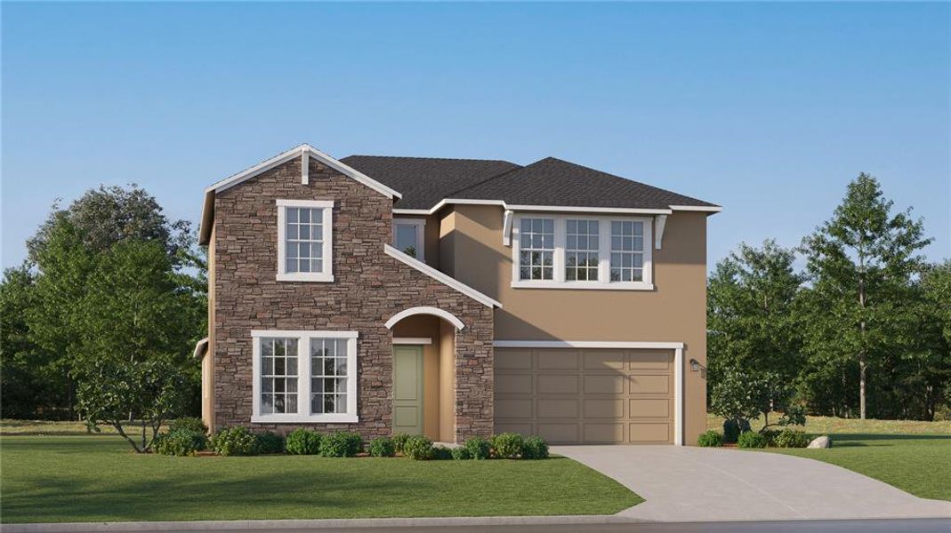Front exterior of a new home in Two Rivers, Zephyrhills, FL, highlighting curb appeal (Image 1). Front exterior of a new home in Two Rivers, Zephyrhills, FL, highlighting curb appeal (Image 1).