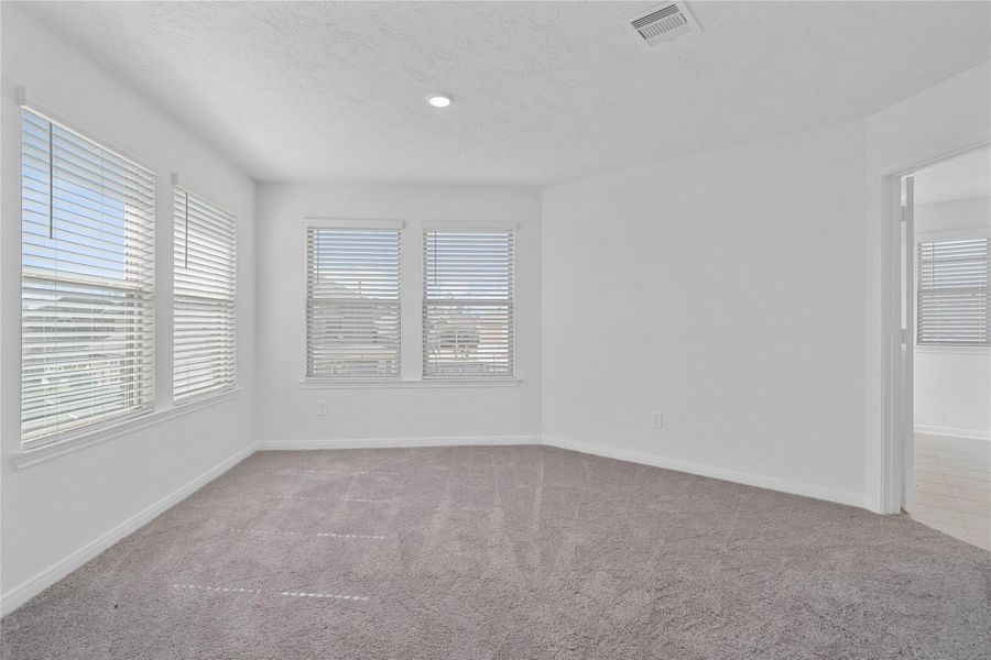This spacious sitting room, just off the primary bedroom, is perfect for a reading nook, workout space, or a home office. It features large windows with privacy blinds, recessed lighting and carpet flooring!