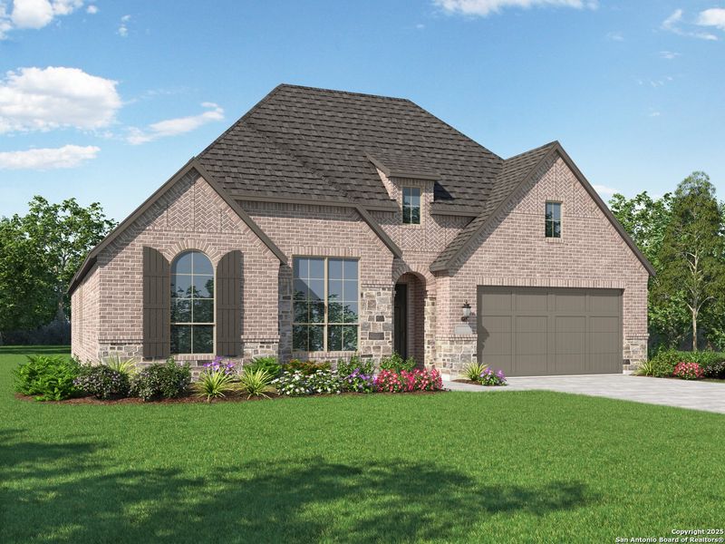 Front exterior of a new home in Davis Ranch: 60ft. lots, San Antonio, TX, highlighting curb appeal (Image 1).