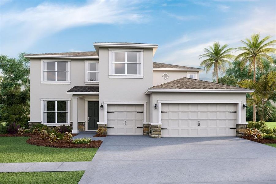 Front exterior of a new home in Deerbrook, Land O' Lakes, FL, highlighting curb appeal (Image 1). Front exterior of a new home in Deerbrook, Land O' Lakes, FL, highlighting curb appeal (Image 1).