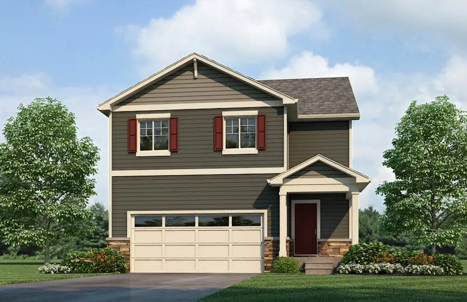 Front exterior of a new home in Prairie Song, Windsor, CO, highlighting curb appeal (Image 2). Front exterior of a new home in Prairie Song, Windsor, CO, highlighting curb appeal (Image 2).