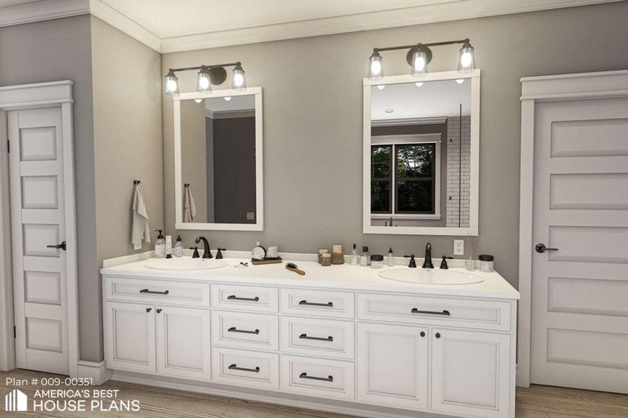 Full bath featuring double vanity and crown molding