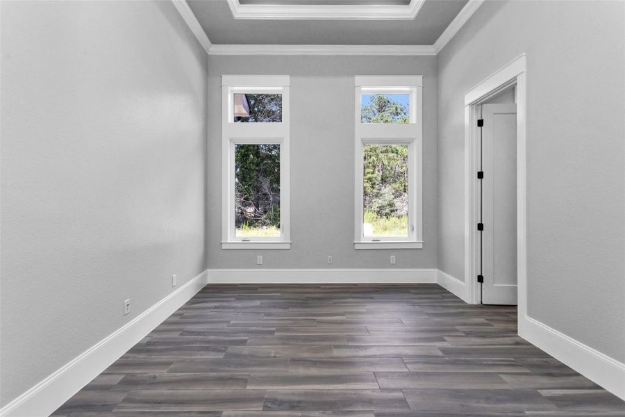 Bedroom #2. All Secondary Bedrooms are finished with casement windows with transoms, inset tray ceilings, incredible moldings and millwork, "wood" tile flooring, 2 locations of shielded CAT6A (Ethernet/Data) and shielded coaxial (TV) cables and En Suite Bathrooms.