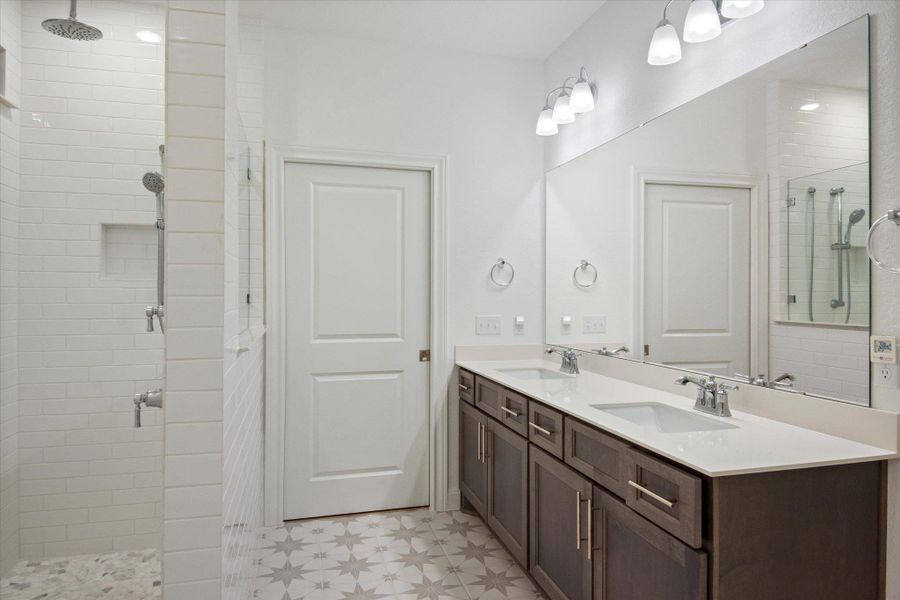 Love this bath tile and the curbless walk-in shower