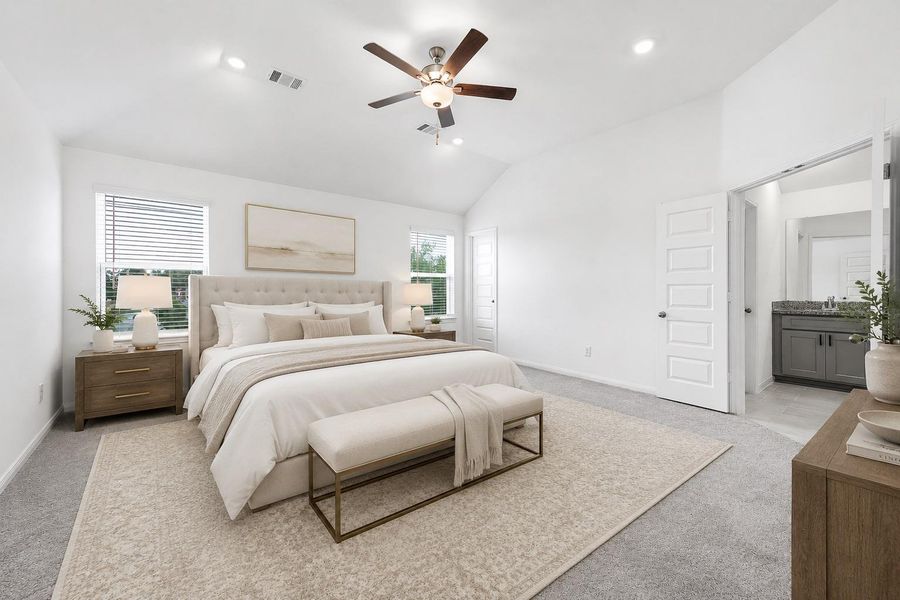 Alternative view of the virtually staged primary bedroom. Alternative view of the virtually staged primary bedroom.