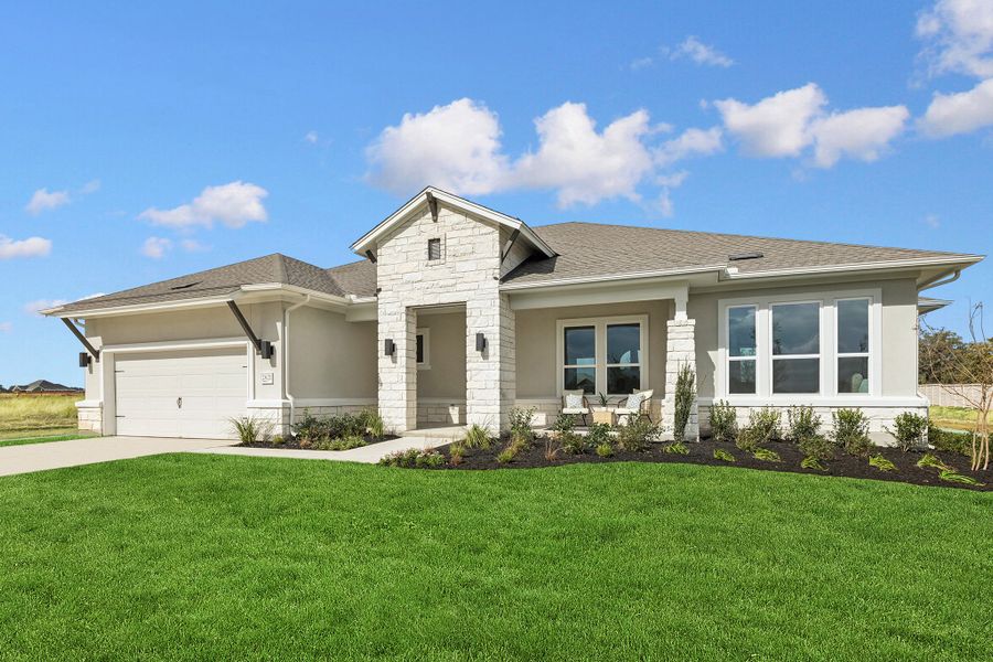 Front exterior of a new home in Leander Estates, Leander, TX, highlighting curb appeal (Image 21). Front exterior of a new home in Leander Estates, Leander, TX, highlighting curb appeal (Image 21).