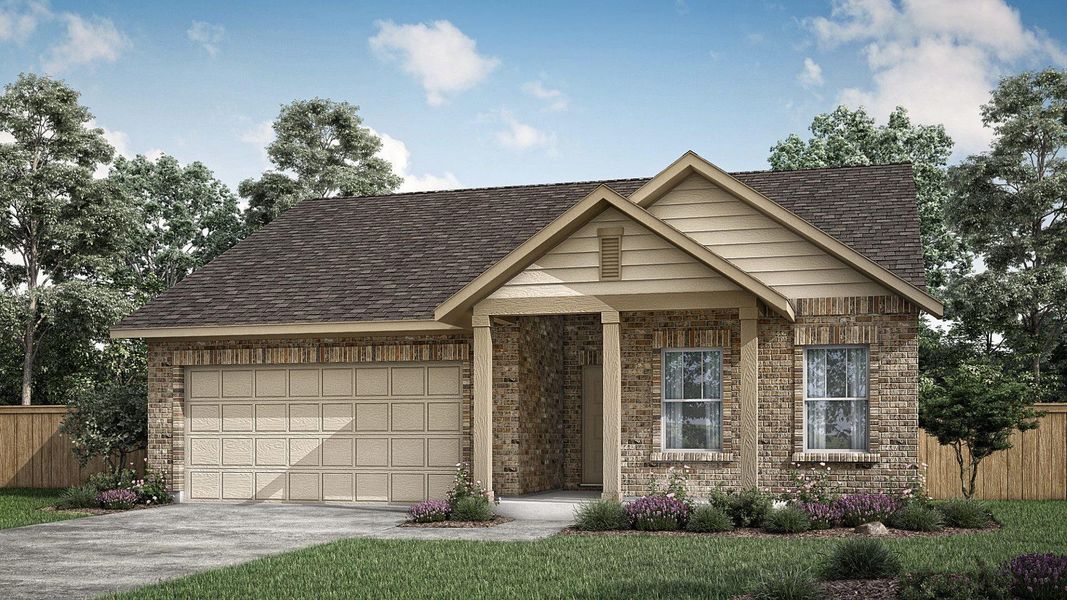 Front exterior of a new home in Village at Manor Commons, Manor, TX, highlighting curb appeal (Image 2).