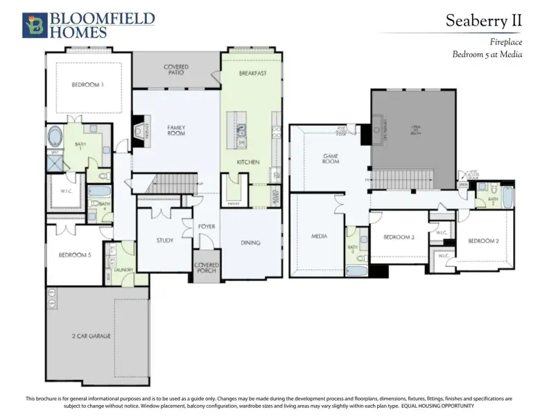 Bloomfield Homes Seaberry II floor plan with 5 bedrooms, game room, media room, and 2-car garage.