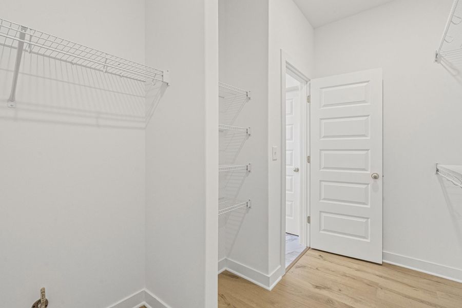 Walk in closet with light wood finished floors