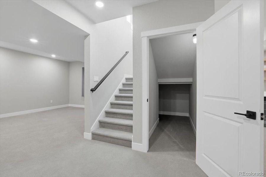 The closet under the stairs is spacious and has it's own light for convenient extra storage.