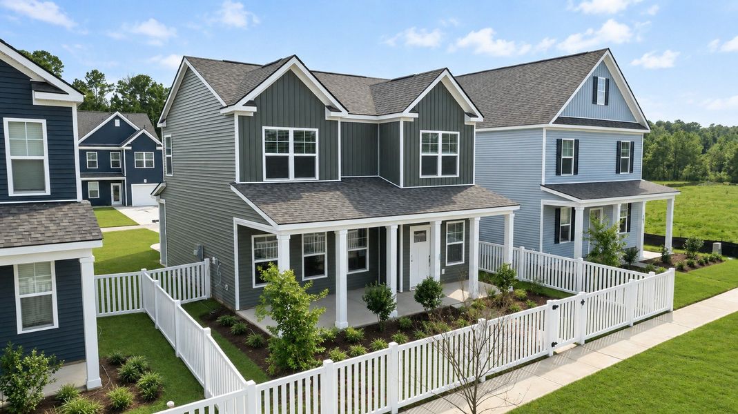 Front exterior of a new home in The Cove at Mallard Crossing, Summerville, SC, highlighting curb appeal (Image 2). Front exterior of a new home in The Cove at Mallard Crossing, Summerville, SC, highlighting curb appeal (Image 2).