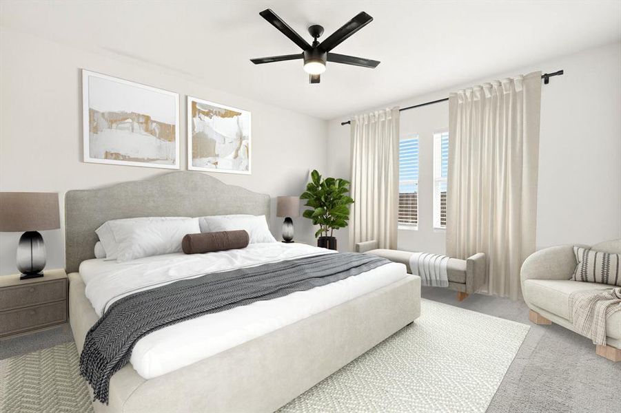 Virtually staged Carpeted master bedroom featuring a ceiling fan Virtually staged Carpeted master bedroom featuring a ceiling fan