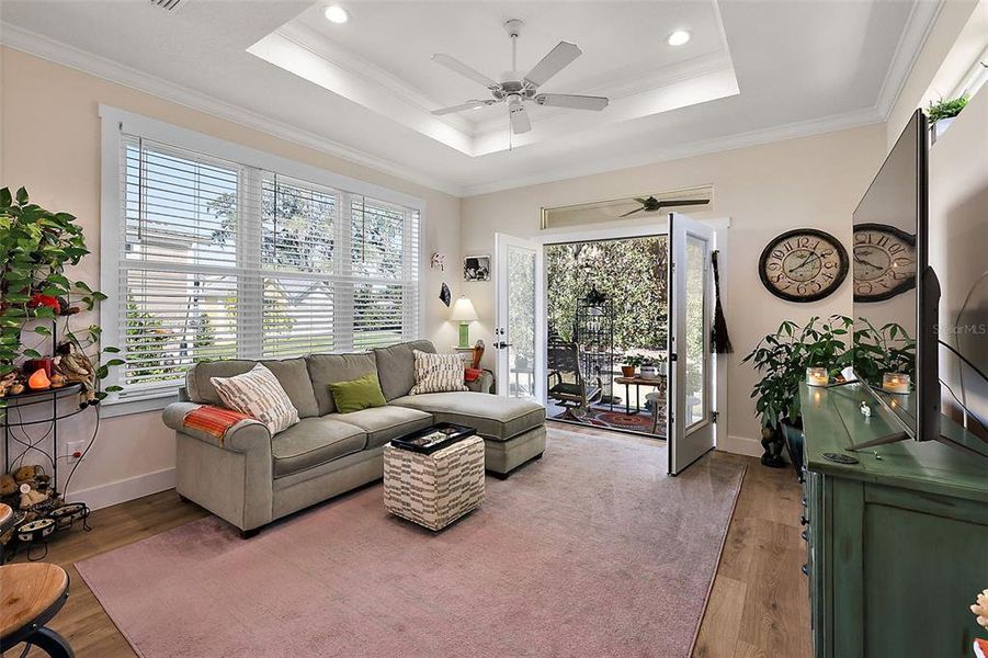 Tray celing and crown molding in living room.