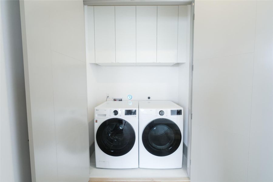 Representative Laundry Area View (Design selections and colors may vary): Located on the top level, the dedicated laundry area offers convenience and generous cabinetry for storage (Appliances in picture are for reference only).