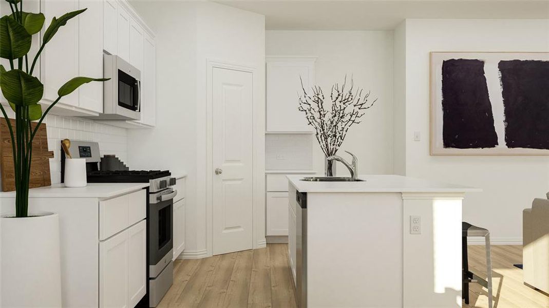 Kitchen featuring white cabinets, stainless steel appliances, sink, and decorative backsplash