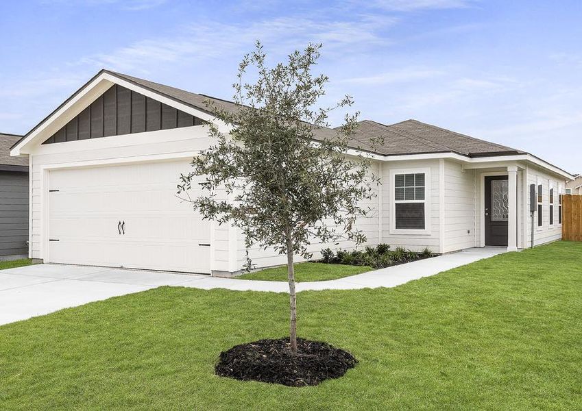 Angled exterior, showcasing professional front yard landscaping.