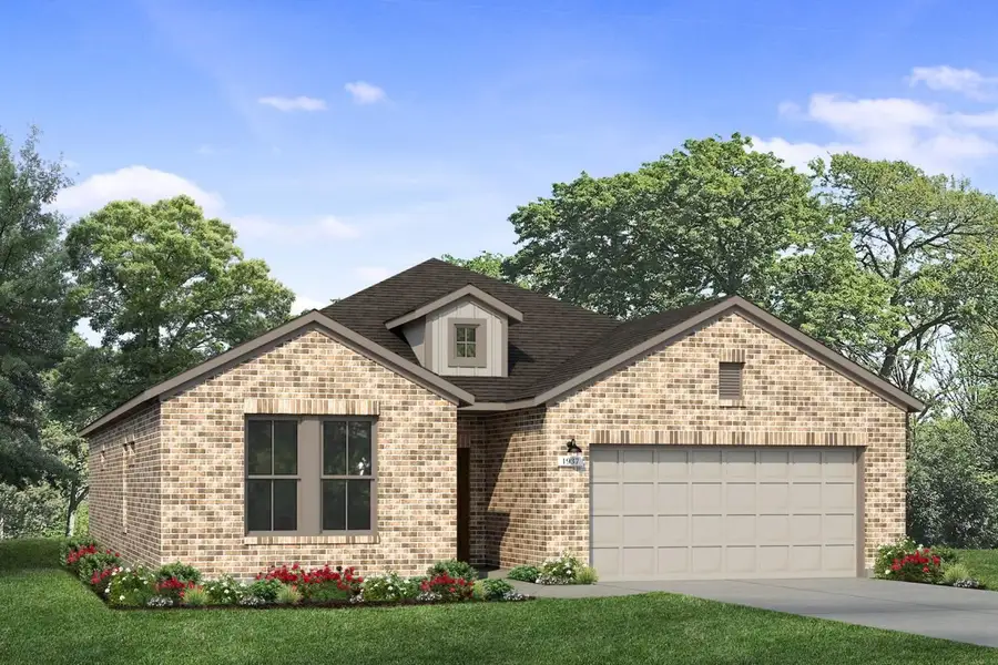 Rendering of one story home with two-tone tan board and batten, accents, and garage, and brick with a driveway and landscaping Rendering of one story home with two-tone tan board and batten, accents, and garage, and brick with a driveway and landscaping