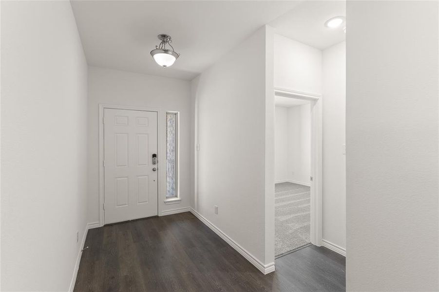 Foyer with dark wood-type flooring