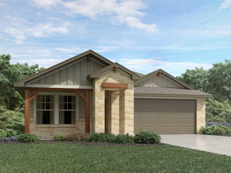 Front exterior of a new home in Prairie Winds - Reserve Collection, Hutto, TX, highlighting curb appeal (Image 1). Front exterior of a new home in Prairie Winds - Reserve Collection, Hutto, TX, highlighting curb appeal (Image 1).