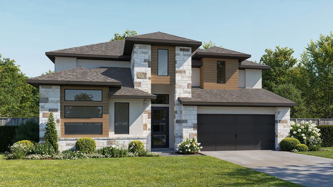 Representative exterior photo of a completed home built from the Design 3395M by Perry Homes in Artavia 55' - Valencia, Conroe, TX (Image 3).