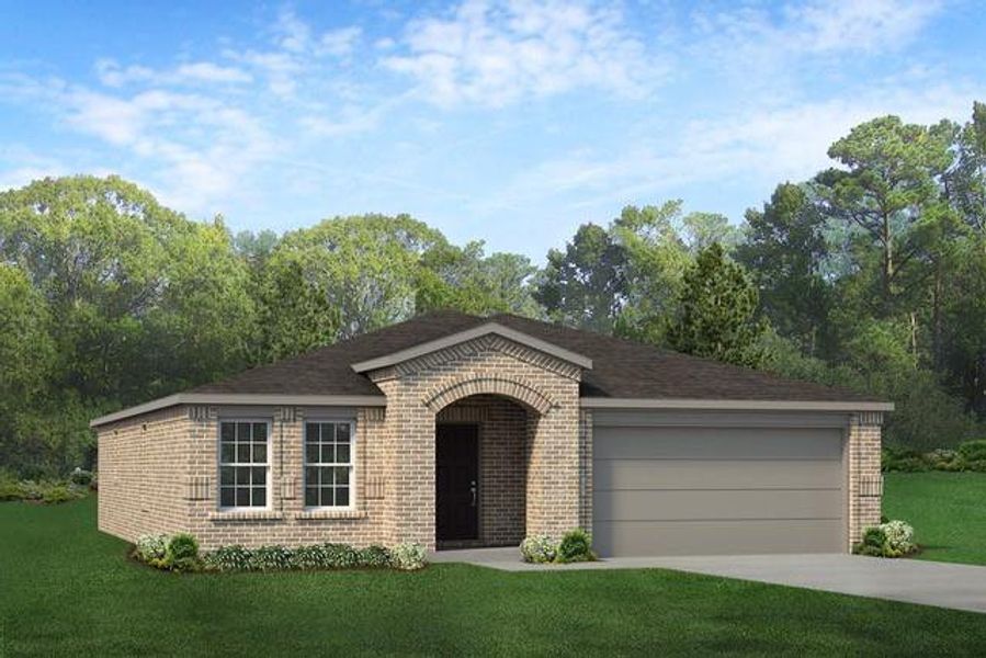 Ranch-style house featuring brick siding, driveway, an attached garage, and a front yard