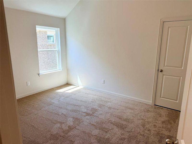 Carpeted room featuring a single window, a paneled door with a spherical handle, and baseboard trim