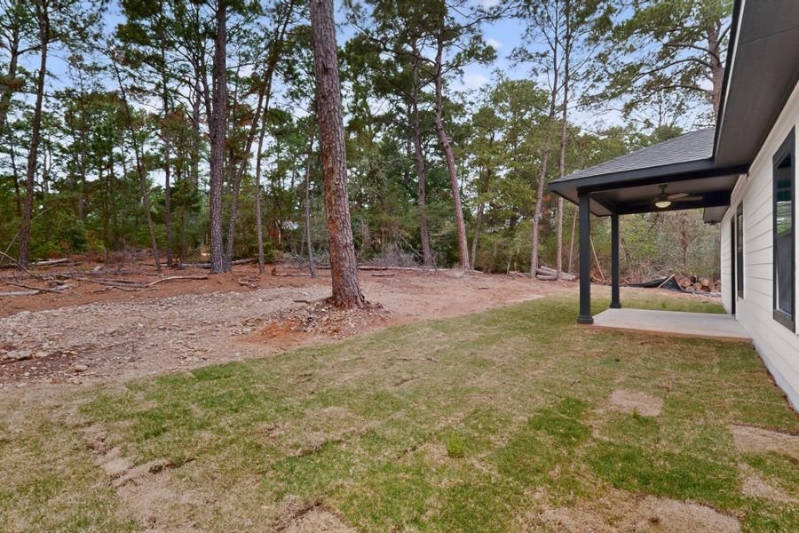 A spacious yard extends towards a dense, mature tree line, offering a private, natural setting. A spacious yard extends towards a dense, mature tree line, offering a private, natural setting.