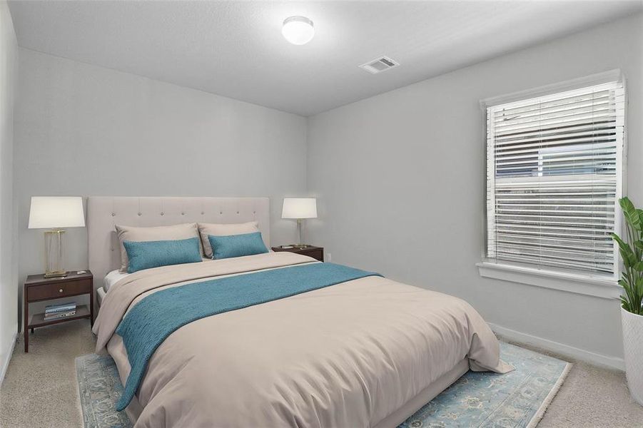 Secondary bedroom features plush carpet, neutral paint and a large window with privacy blinds.