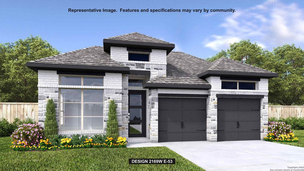 Front exterior of a new home in Arcadia Ridge 45', San Antonio, TX, highlighting curb appeal (Image 1).