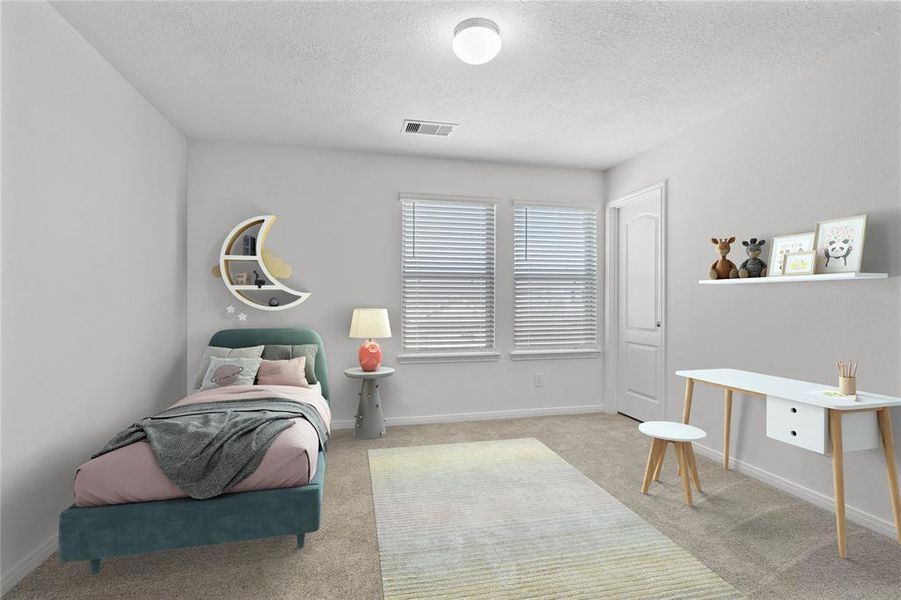 Secondary bedroom features plush carpet, custom paint and a large windows with privacy blinds.