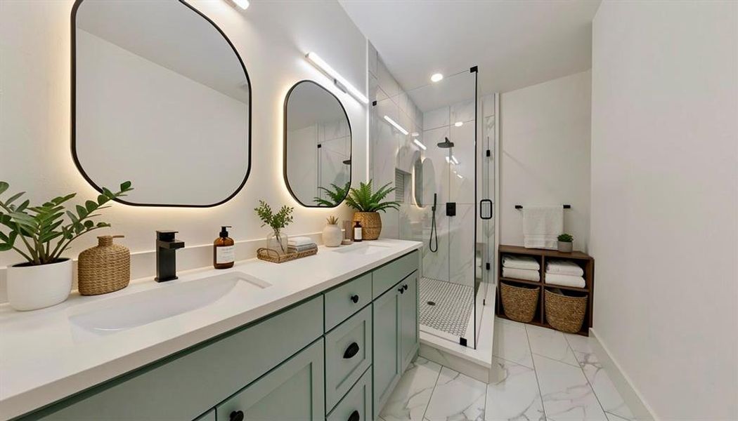 Bathroom featuring a dual vanity with light green cabinetry and white countertops, illuminated by backlit mirrors