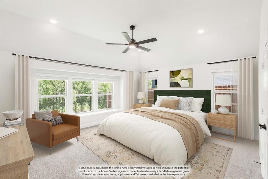 Spacious primary bedroom with vaulted ceiling, ceiling fan, large windows, and neutral carpet flooring Spacious primary bedroom with vaulted ceiling, ceiling fan, large windows, and neutral carpet flooring