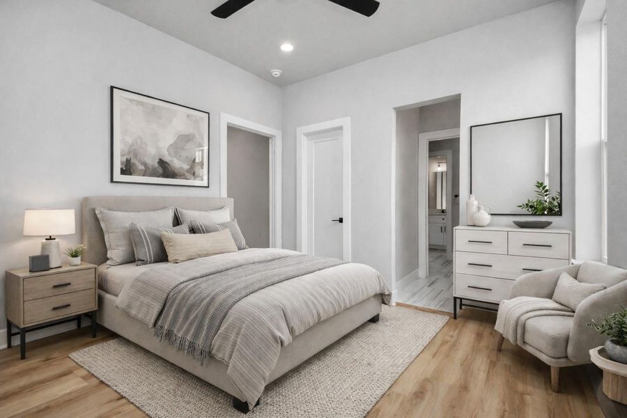 Cozy guest bedroom with modern finishes and soft natural light. Thoughtfully designed for comfort and everyday functionality.