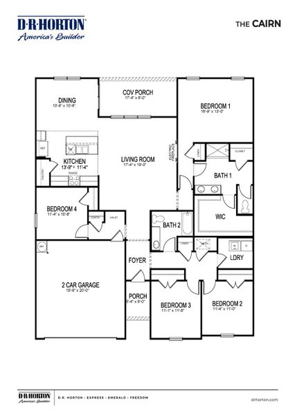 2D floor plan layout for the CAIRN by D.R. Horton in Riverwood Gardens, Oakland, TN (Image 3).
