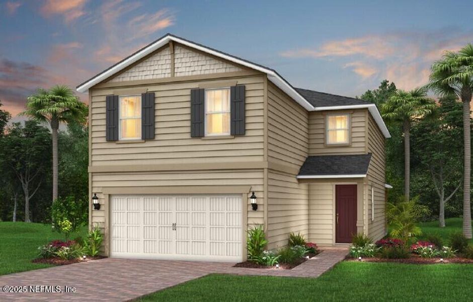 Front exterior of a new home in The Preserve at Bannon Lakes, St. Augustine, FL, highlighting curb appeal (Image 1).