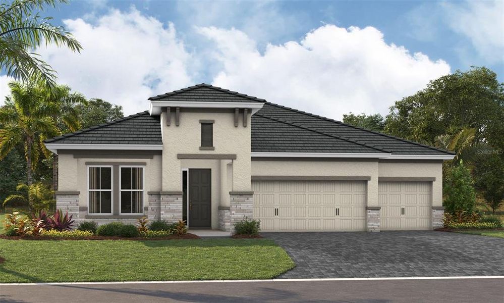 Front exterior of a new home in North River Ranch, Parrish, FL, highlighting curb appeal (Image 1). Front exterior of a new home in North River Ranch, Parrish, FL, highlighting curb appeal (Image 1).