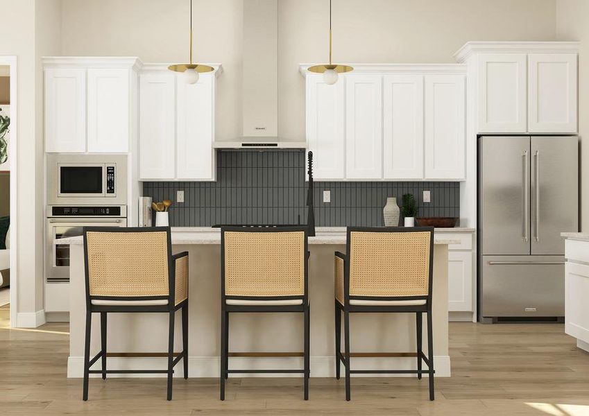 Rendering of the spacious kitchen in the
  Azalea plan. The room has luxury wood-look vinyl flooring, white cabinetry,
  stainless steel appliances and a vent hood.Â