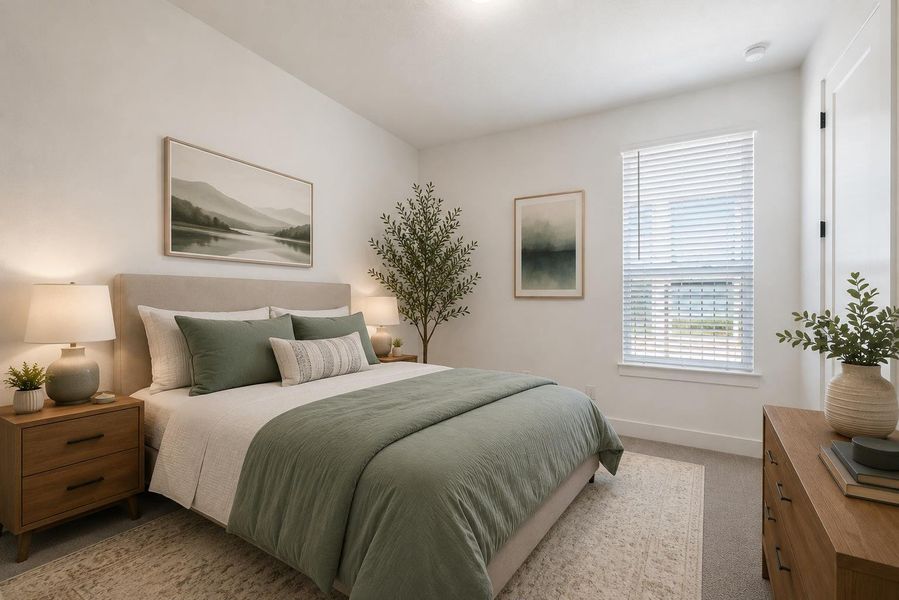 Ai staged bedroom. Generous light streams into this serene bedroom, featuring carpet flooring and simple, clean design. Ai staged bedroom. Generous light streams into this serene bedroom, featuring carpet flooring and simple, clean design.