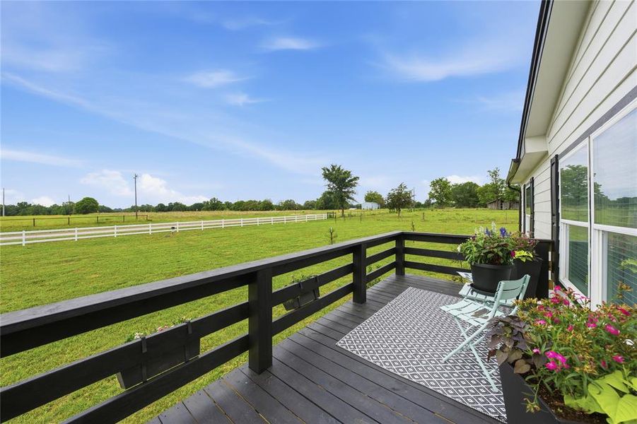 Exterior deck featuring dark wood flooring and railing