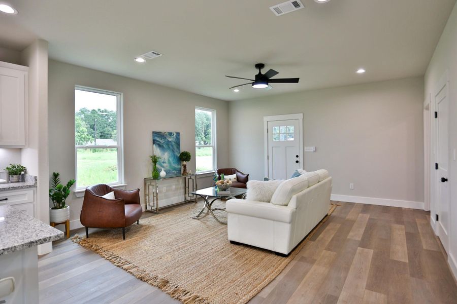 Living area opens into the kitchen area